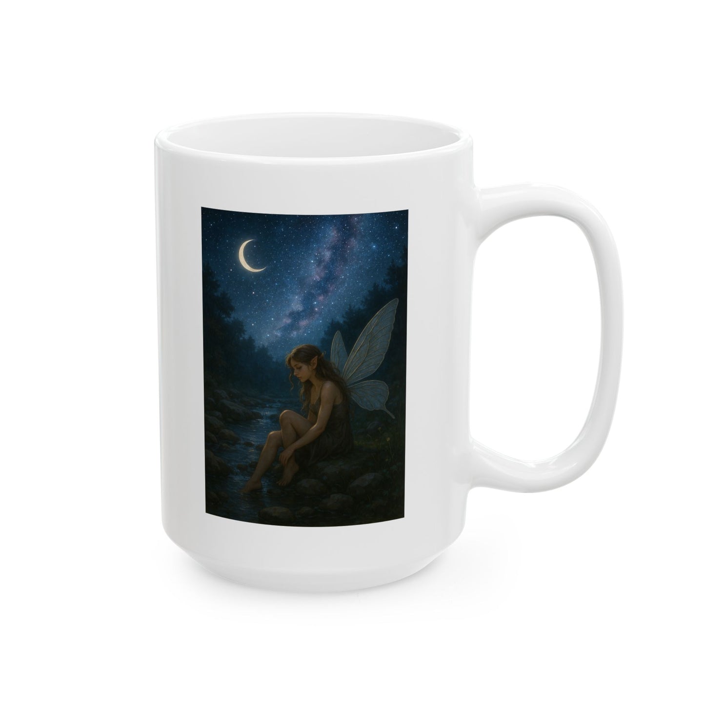 Beautiful Fairy in the moonlight by a creek, ceramic mug