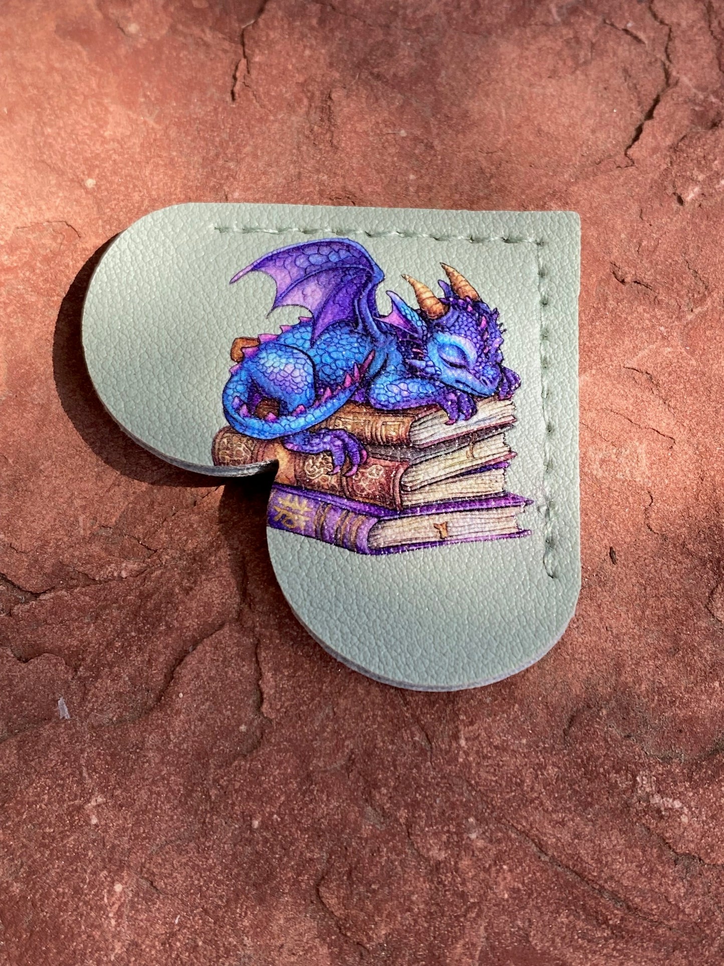 A light sage green leather pouch with a stitched border, featuring an illustration of a blue and purple dragon sleeping on a stack of books. The pouch is photographed on a textured reddish-brown stone surface.