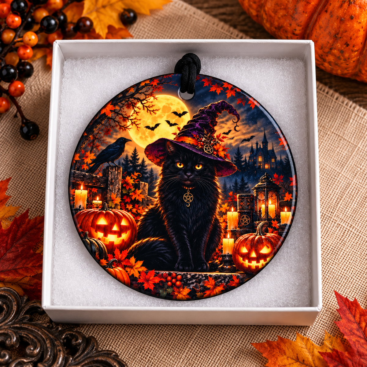 Black Cat Witchy Halloween Ceramic Ornament | Moonlit Magic