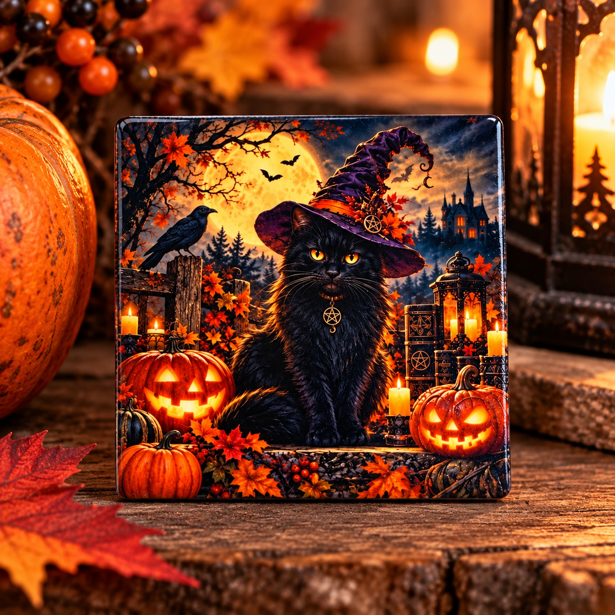 Black Cat Witchy Halloween Ceramic Magnet | Moonlit Magic