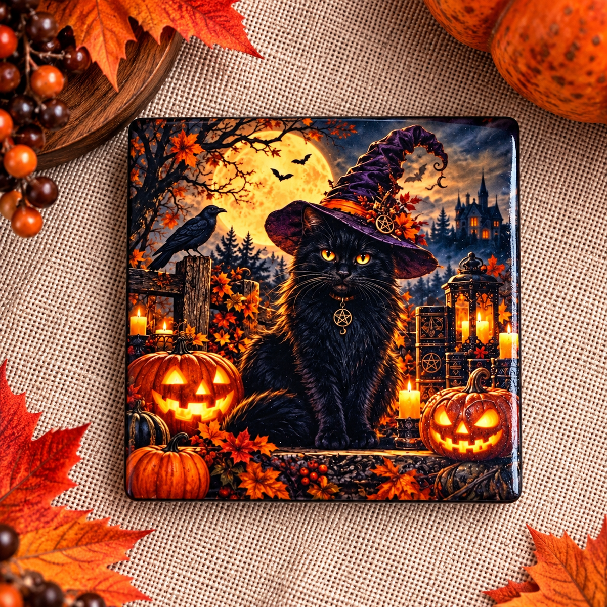 Black Cat Witchy Halloween Gift Set | Ceramic Ornament & Magnet