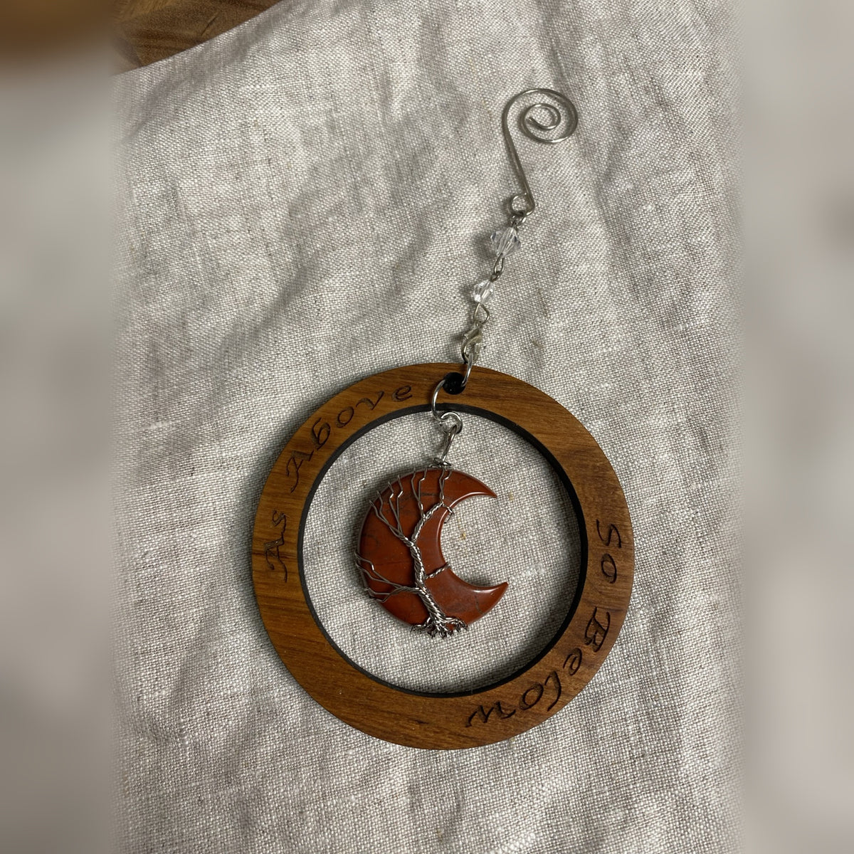 Crescent Moon Crystal Tree of Life Ornament | Cherry Wood