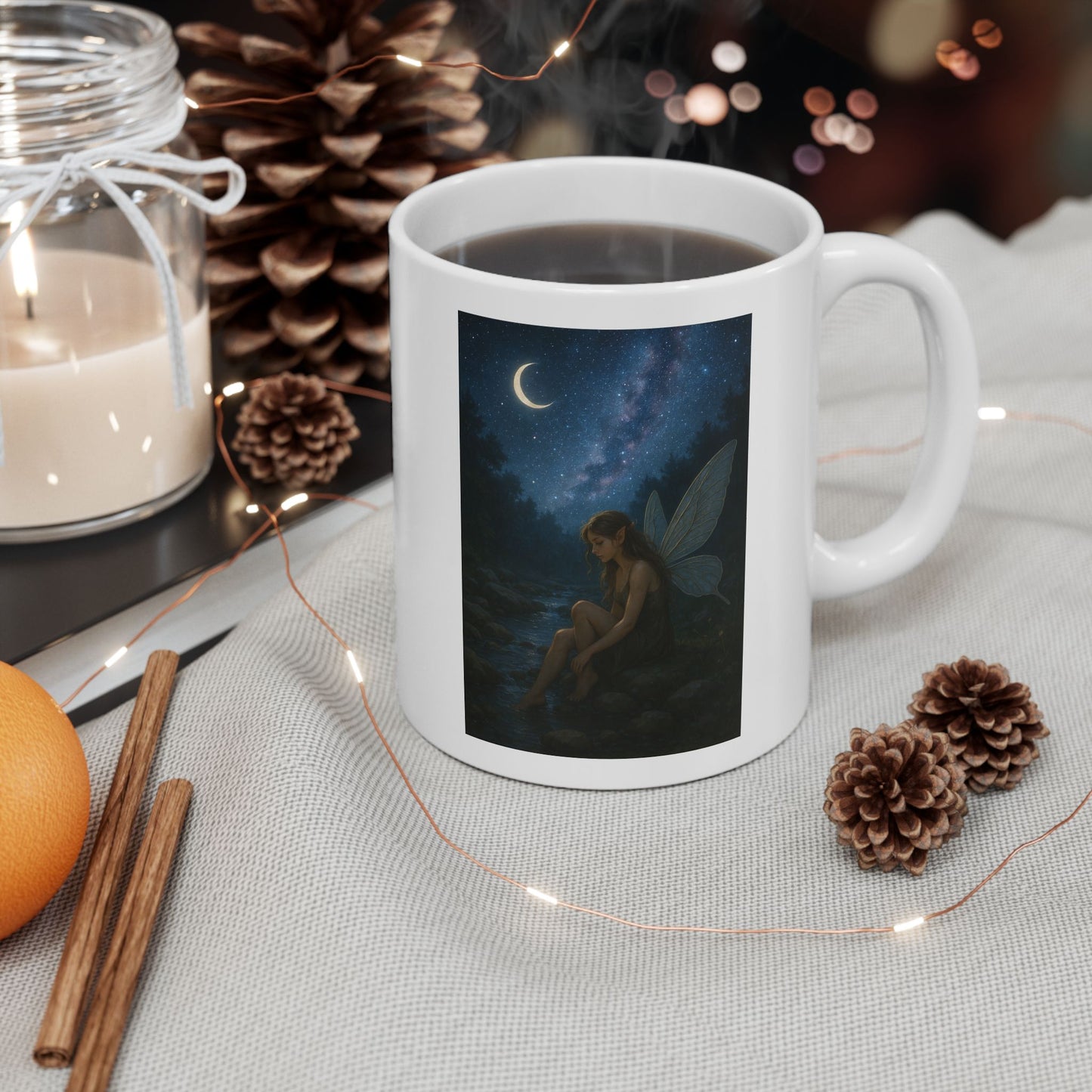Beautiful Fairy in the moonlight by a creek, ceramic mug