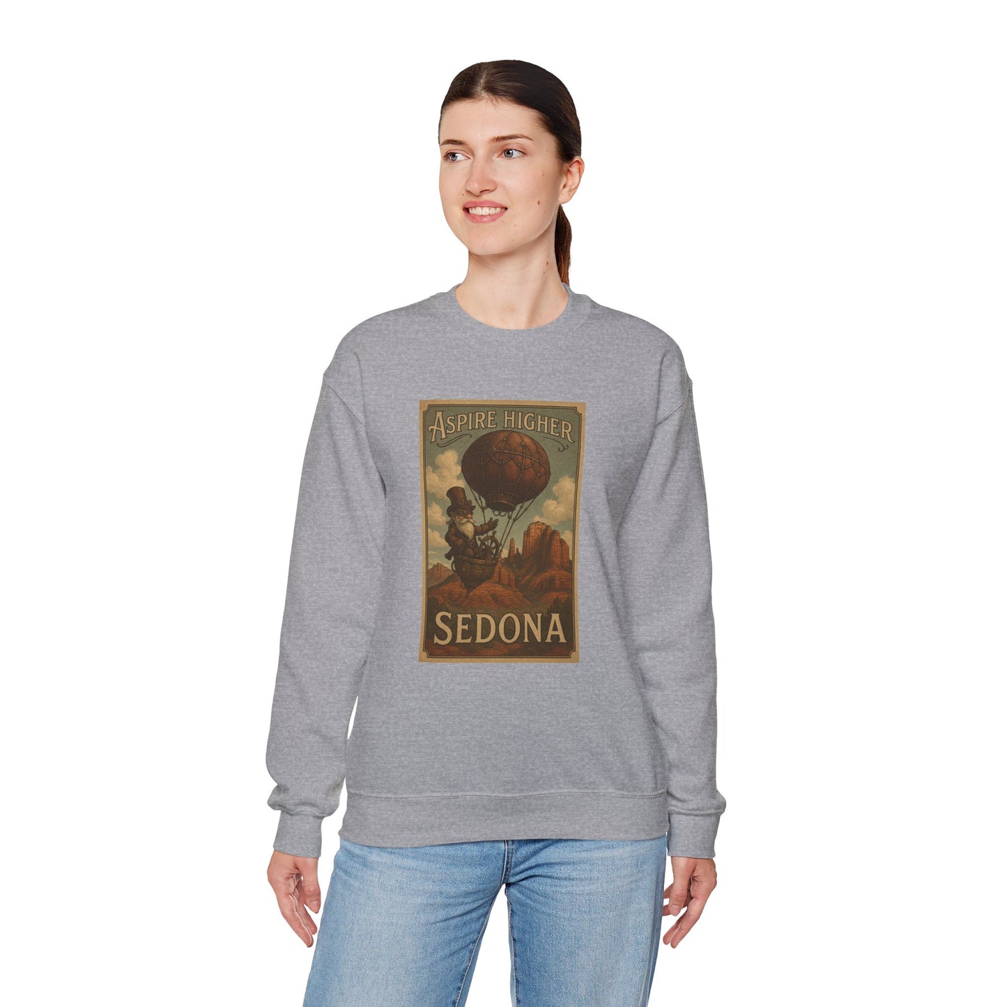 Aspire Higher Sedona Unisex Crewneck Sweatshirt - Cozy Travel Apparel, Gift for Nature Lovers, Fall Fashion, Vintage Style, Perfect for Hiking