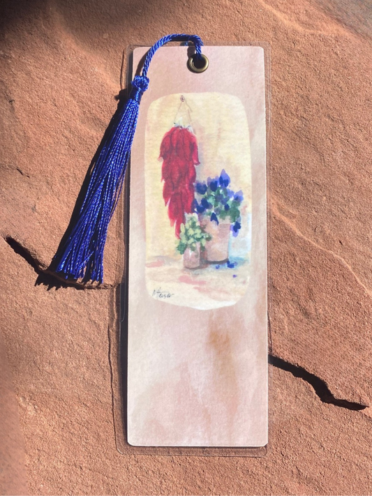Chili Adobo Bookmark of hanging chilis and flowers on a textured background
