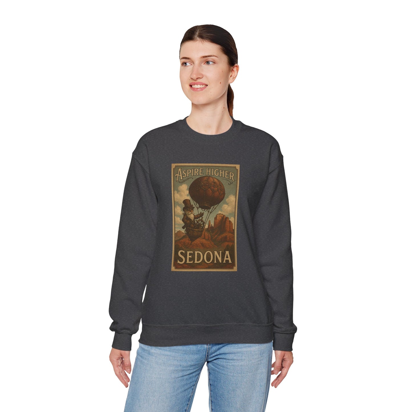 Aspire Higher Sedona Unisex Crewneck Sweatshirt - Cozy Travel Apparel, Gift for Nature Lovers, Fall Fashion, Vintage Style, Perfect for Hiking