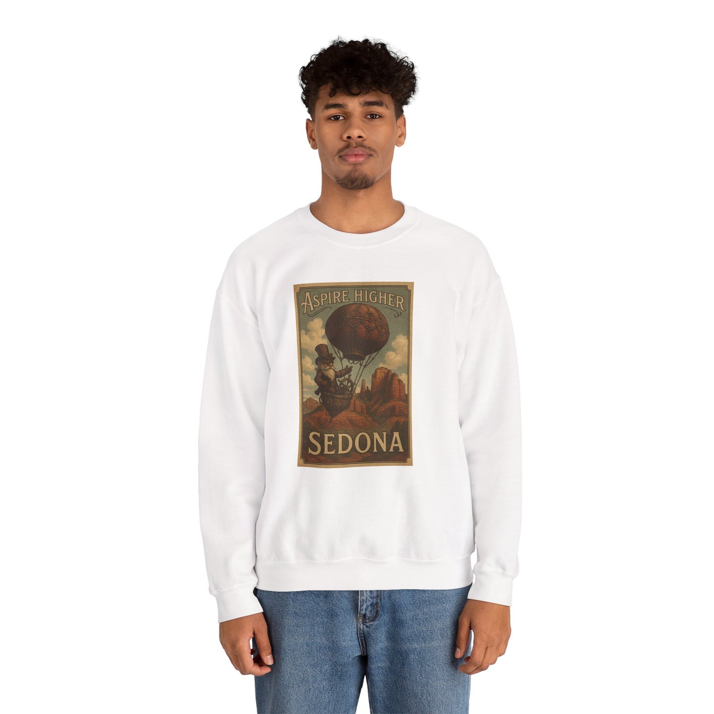 Aspire Higher Sedona Unisex Crewneck Sweatshirt - Cozy Travel Apparel, Gift for Nature Lovers, Fall Fashion, Vintage Style, Perfect for Hiking
