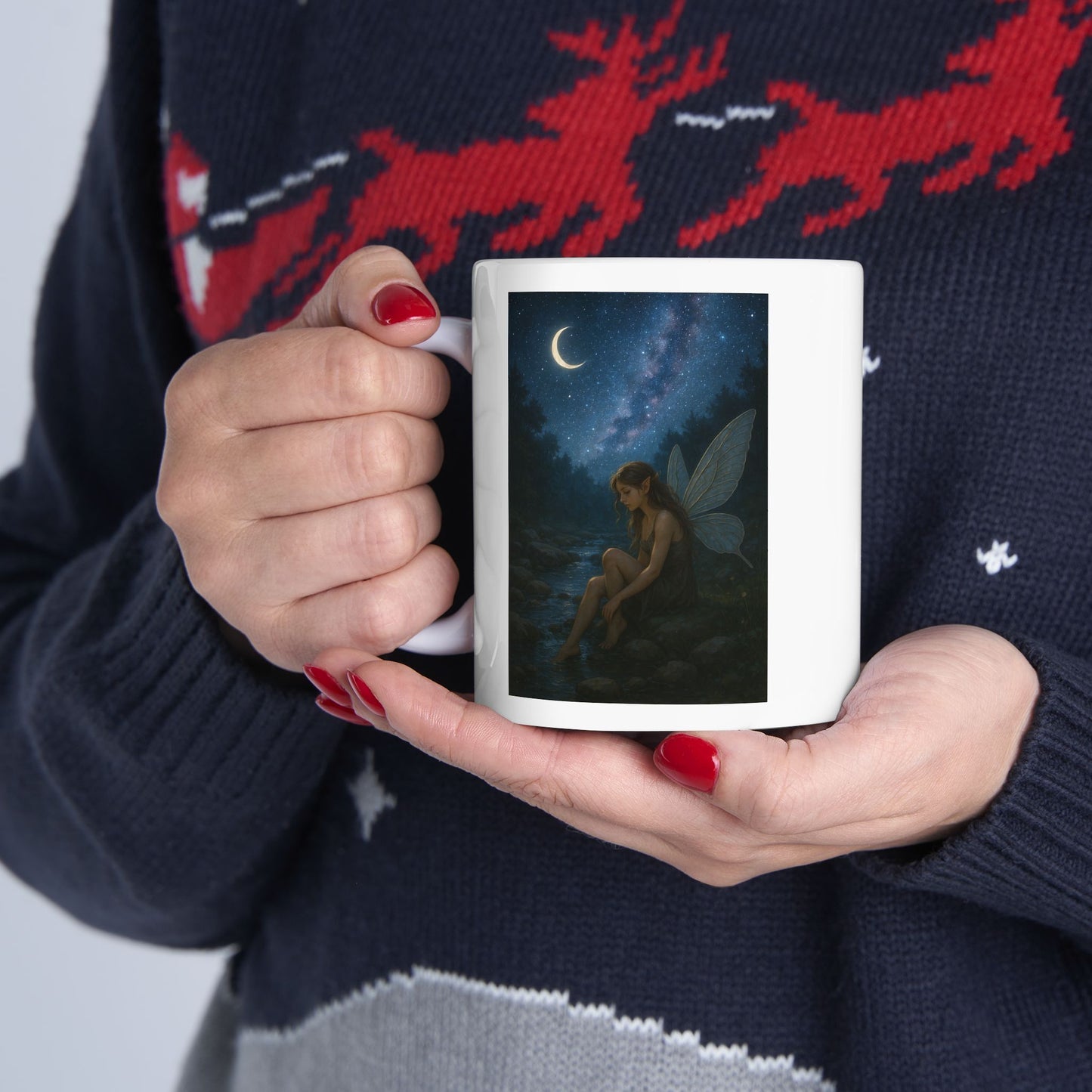 Beautiful Fairy in the moonlight by a creek, ceramic mug