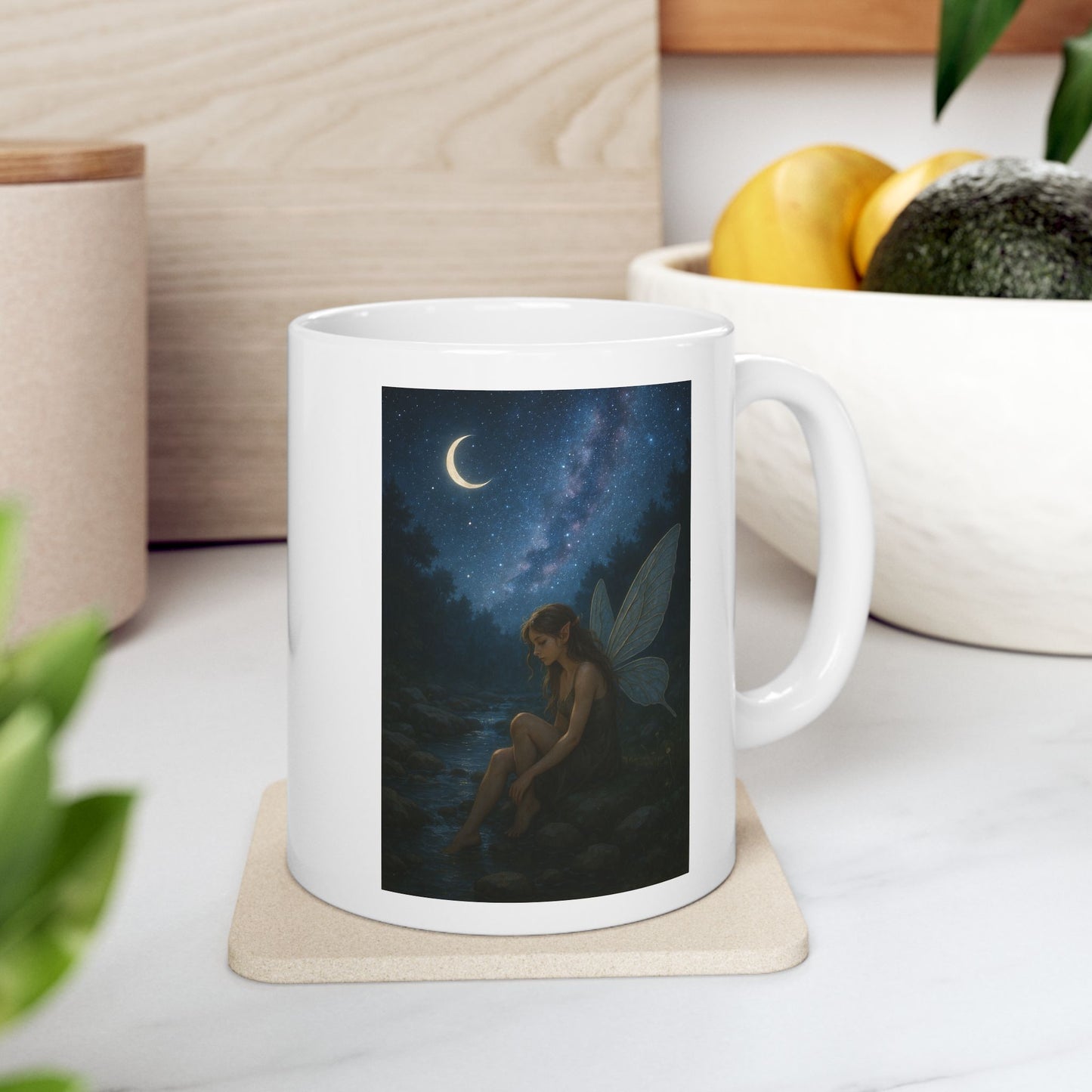 Beautiful Fairy in the moonlight by a creek, ceramic mug