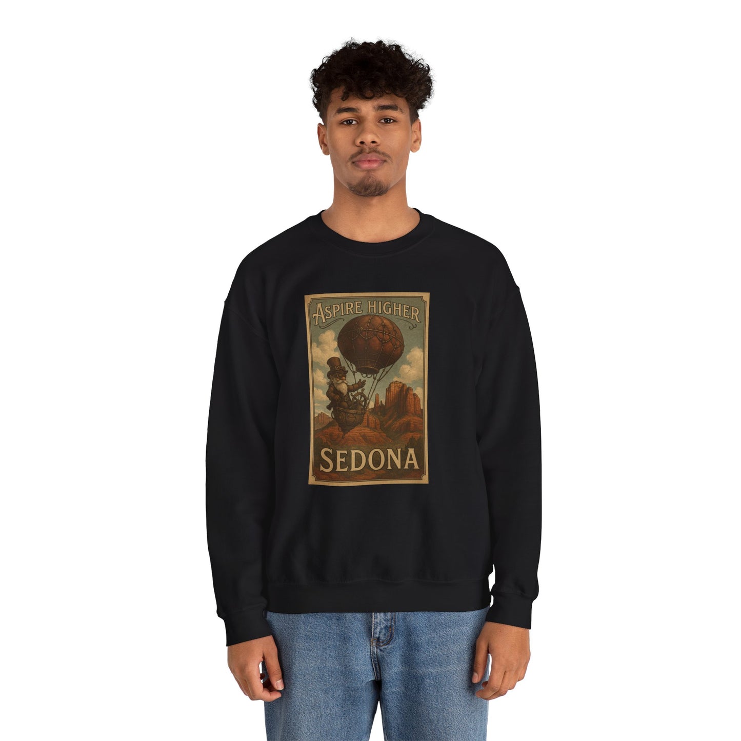 Aspire Higher Sedona Unisex Crewneck Sweatshirt - Cozy Travel Apparel, Gift for Nature Lovers, Fall Fashion, Vintage Style, Perfect for Hiking