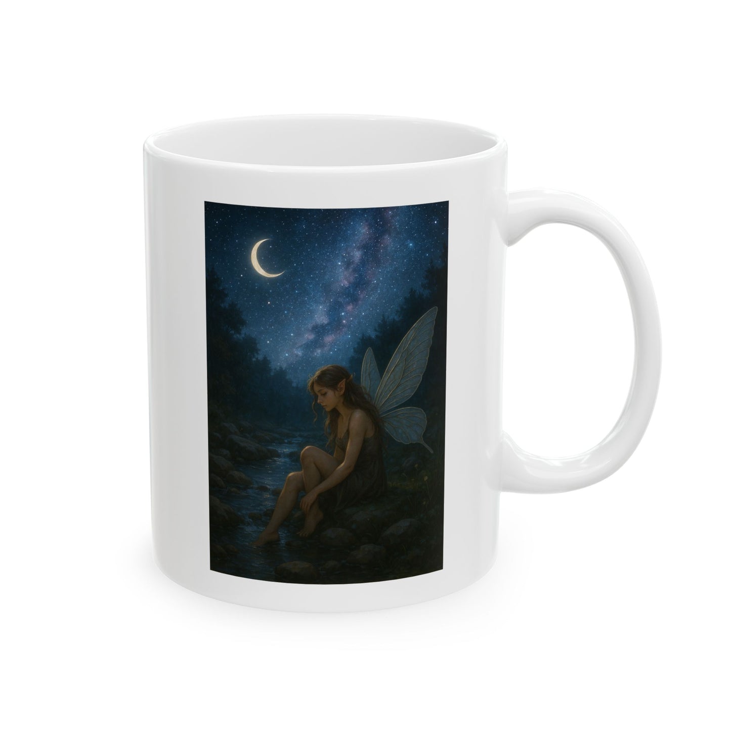 Beautiful Fairy in the moonlight by a creek, ceramic mug