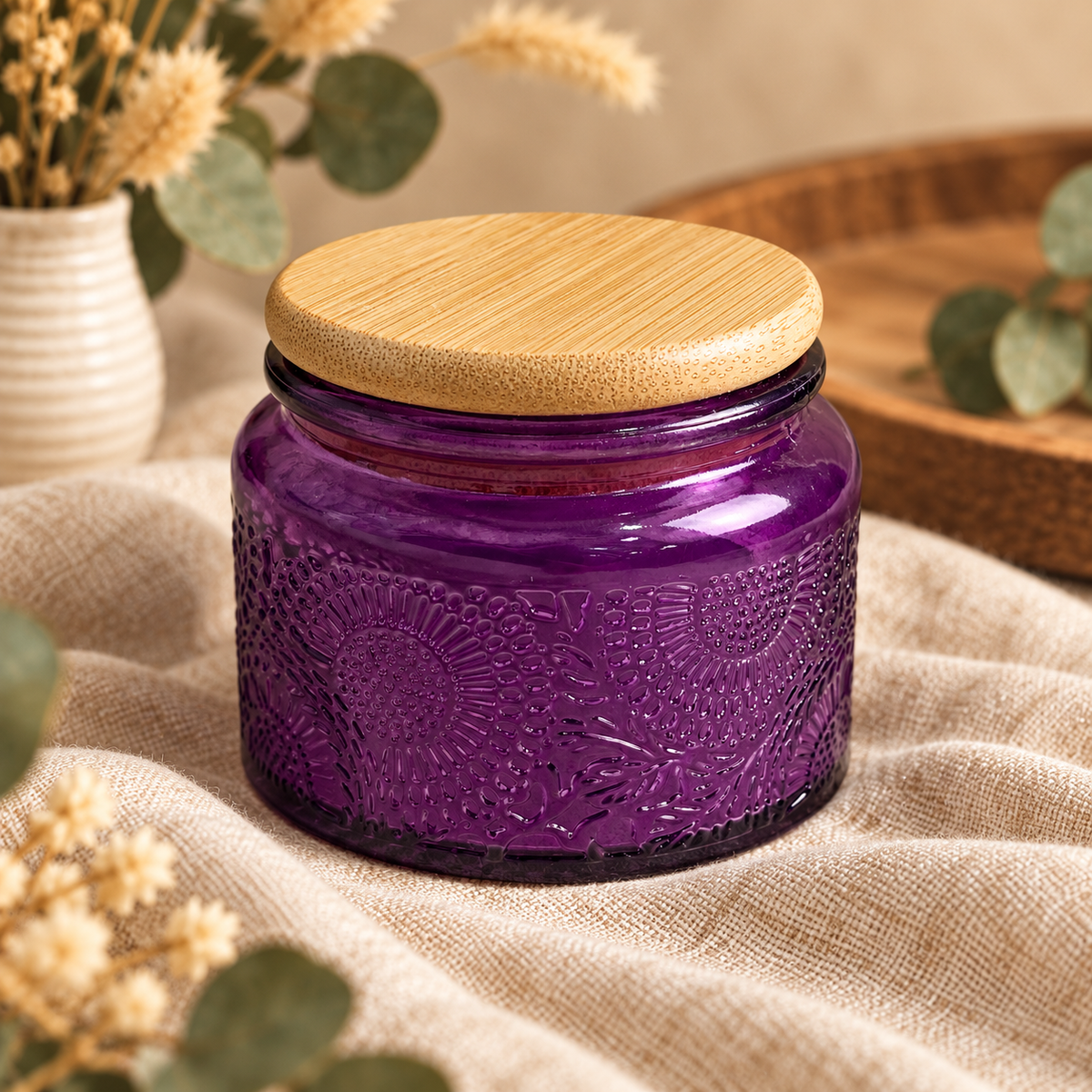 4 ounce Purple embossed glass keepsake jar with bamboo lid, included in the Spirit of Sedona gift set. 