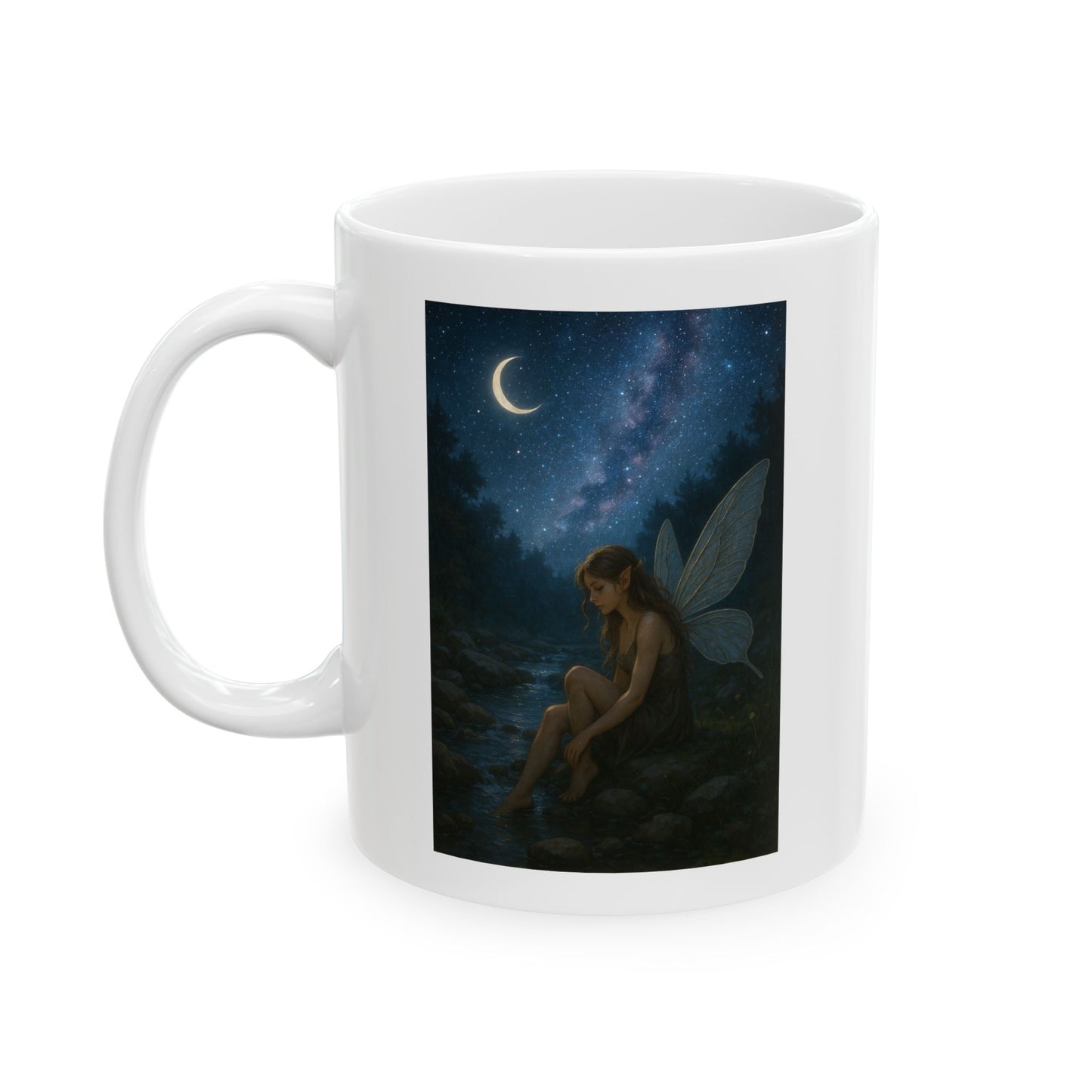 Beautiful Fairy in the moonlight by a creek, ceramic mug
