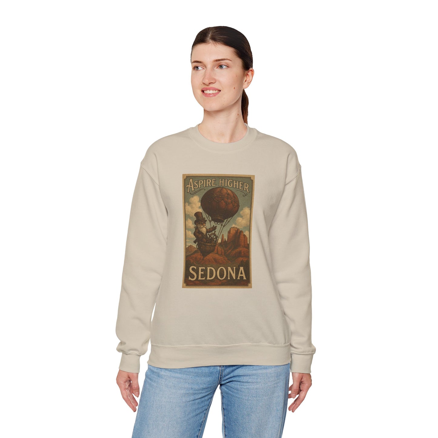 Aspire Higher Sedona Unisex Crewneck Sweatshirt - Cozy Travel Apparel, Gift for Nature Lovers, Fall Fashion, Vintage Style, Perfect for Hiking