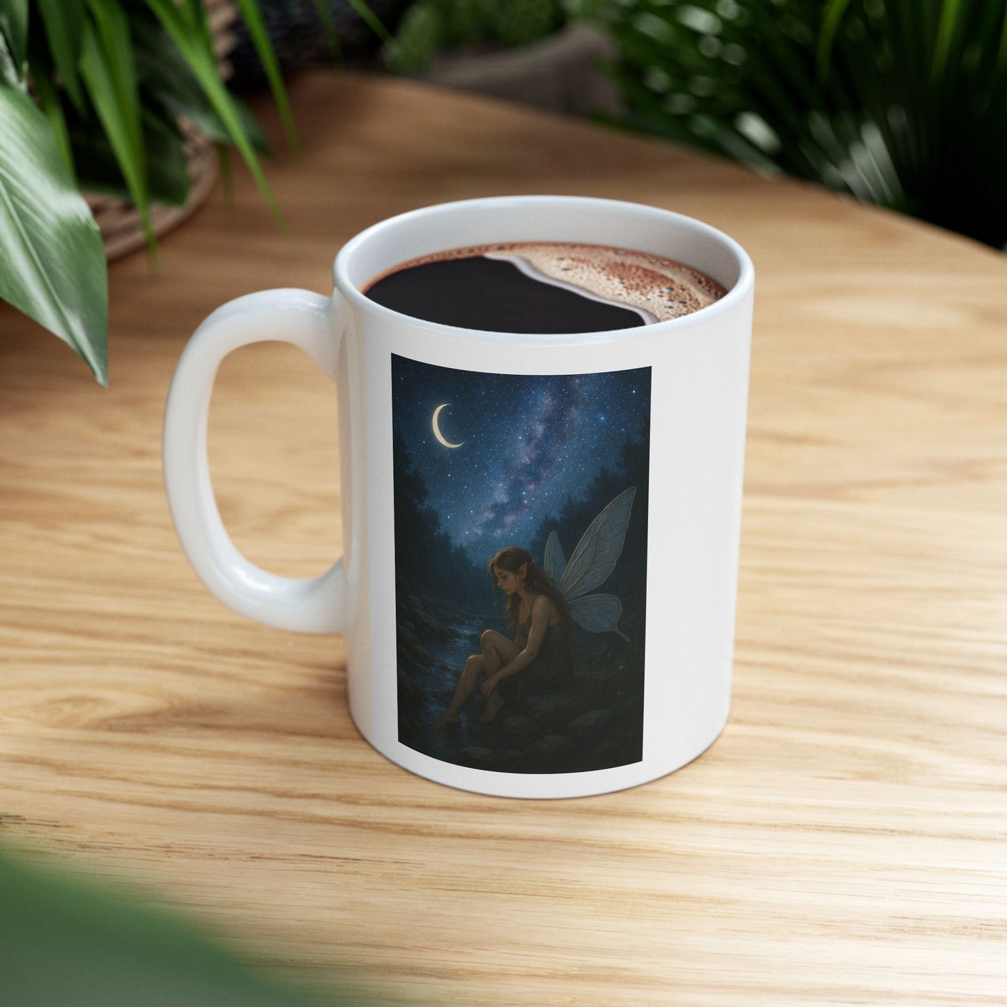Beautiful Fairy in the moonlight by a creek, ceramic mug