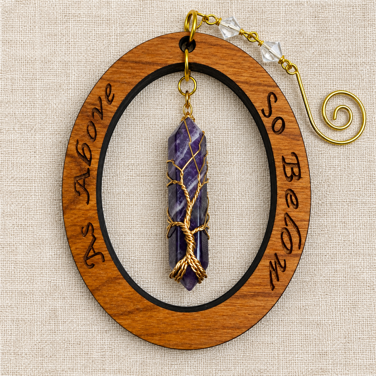Tree of Life Crystal Point Ornaments | Engraved Cherry Wood