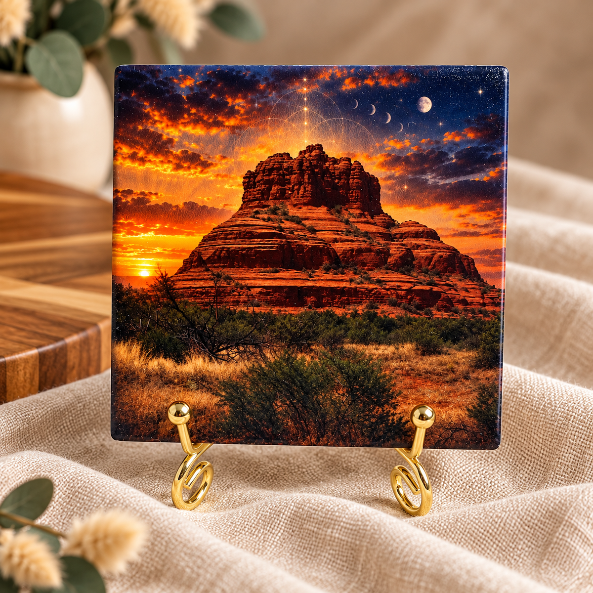 A 4x4 ceramic tile with original photograph and metal display easel