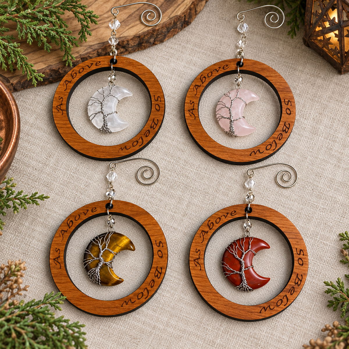 Crescent Moon Crystal Tree of Life Ornament | Cherry Wood