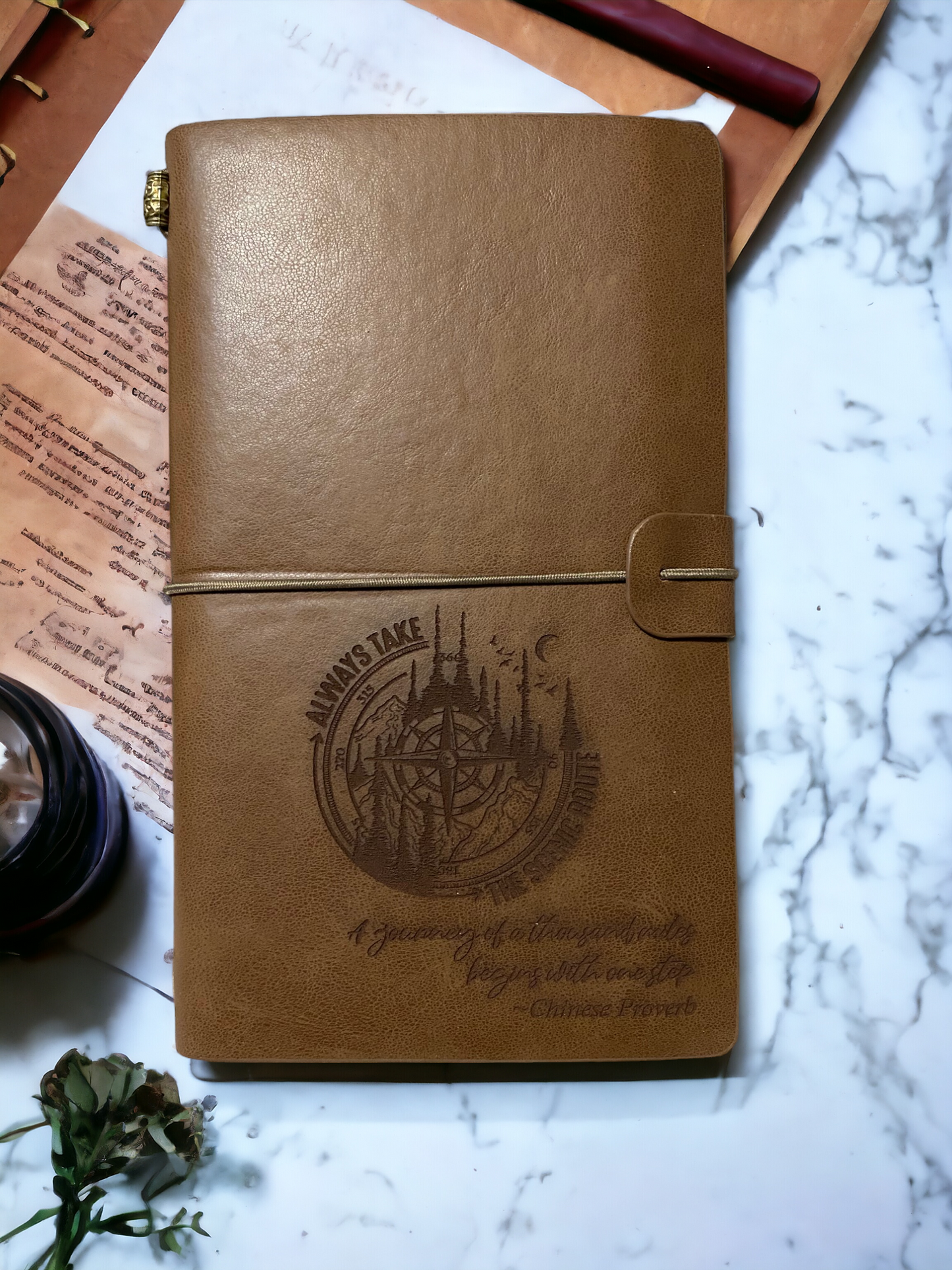 Engraved Leatherette Travel Journal, a journey of a thousand miles begins with one step.