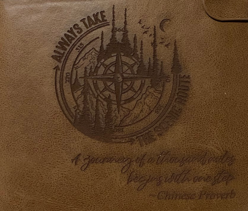Engraved Leatherette Travel Journal, a journey of a thousand miles begins with one step.