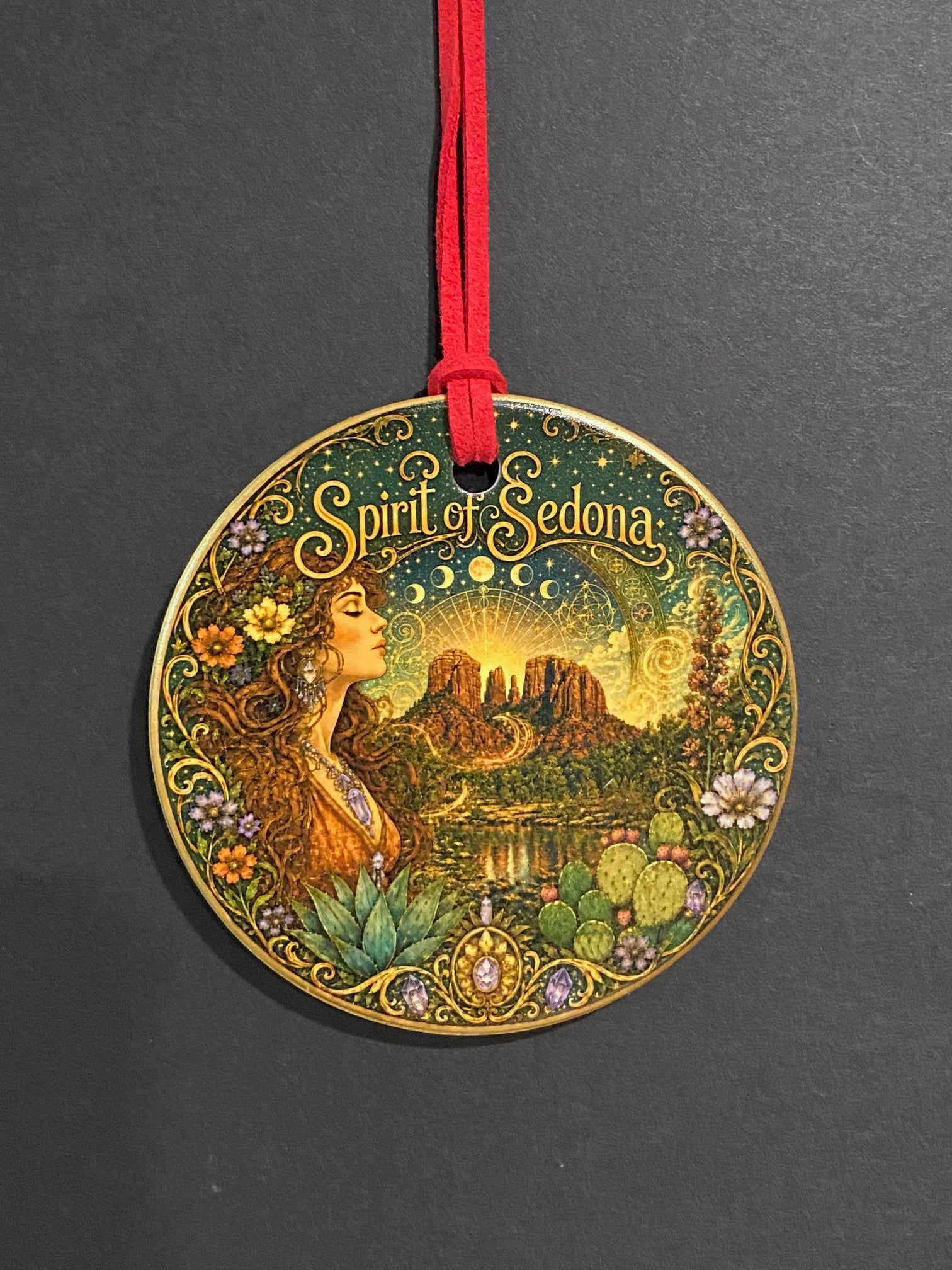 A round decorative ornament featuring an intricate fantasy illustration of a woman in a forest with the text 'Spirit of Sedona' and '1995', attached to a red hanging cord, set against a dark gray background.
