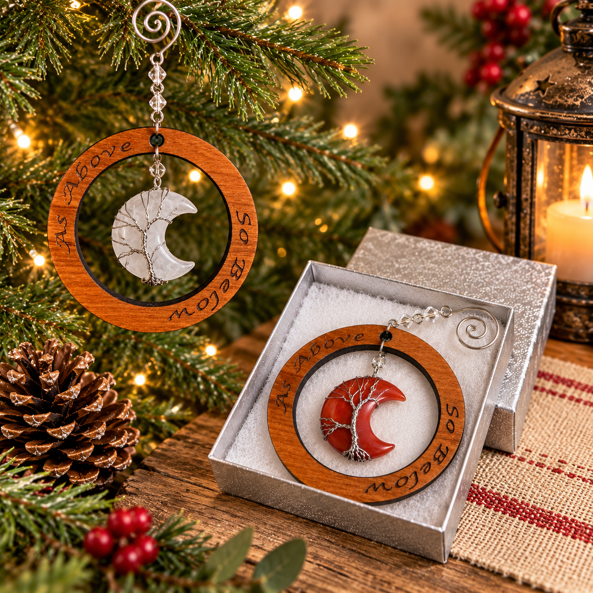 Crescent Moon Crystal Tree of Life Ornament | Cherry Wood