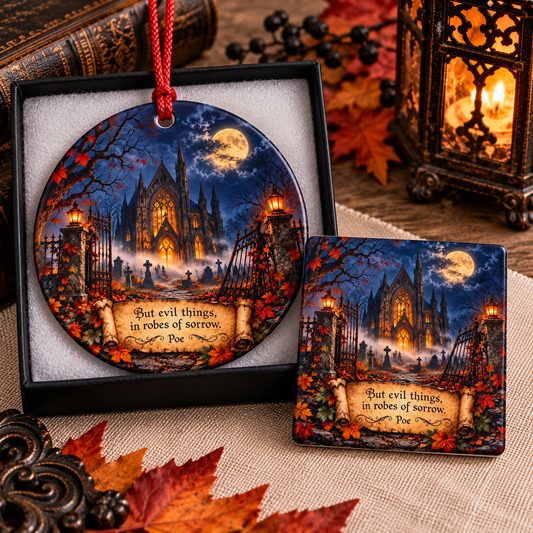 Gothic Cathedral Gift Set | Edgar Allan Poe Ceramic Ornament & Magnet