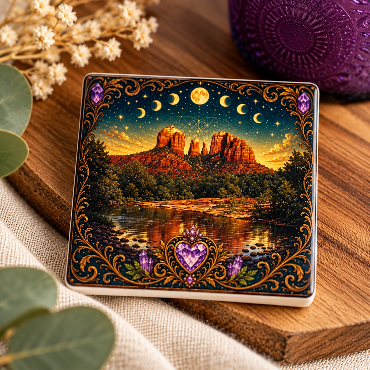 A ceramic magnet featuring Cathedral Rock and added mystical and art nouveau elements
