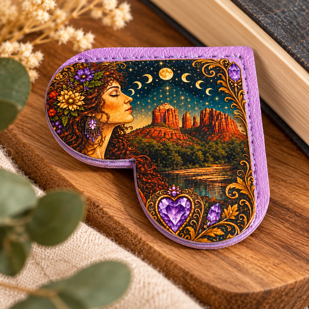 A PU printed corner bookmark featuring 'Spirit of Sedona" Cathedral rock and Oak creek on a soft neutral backgound

