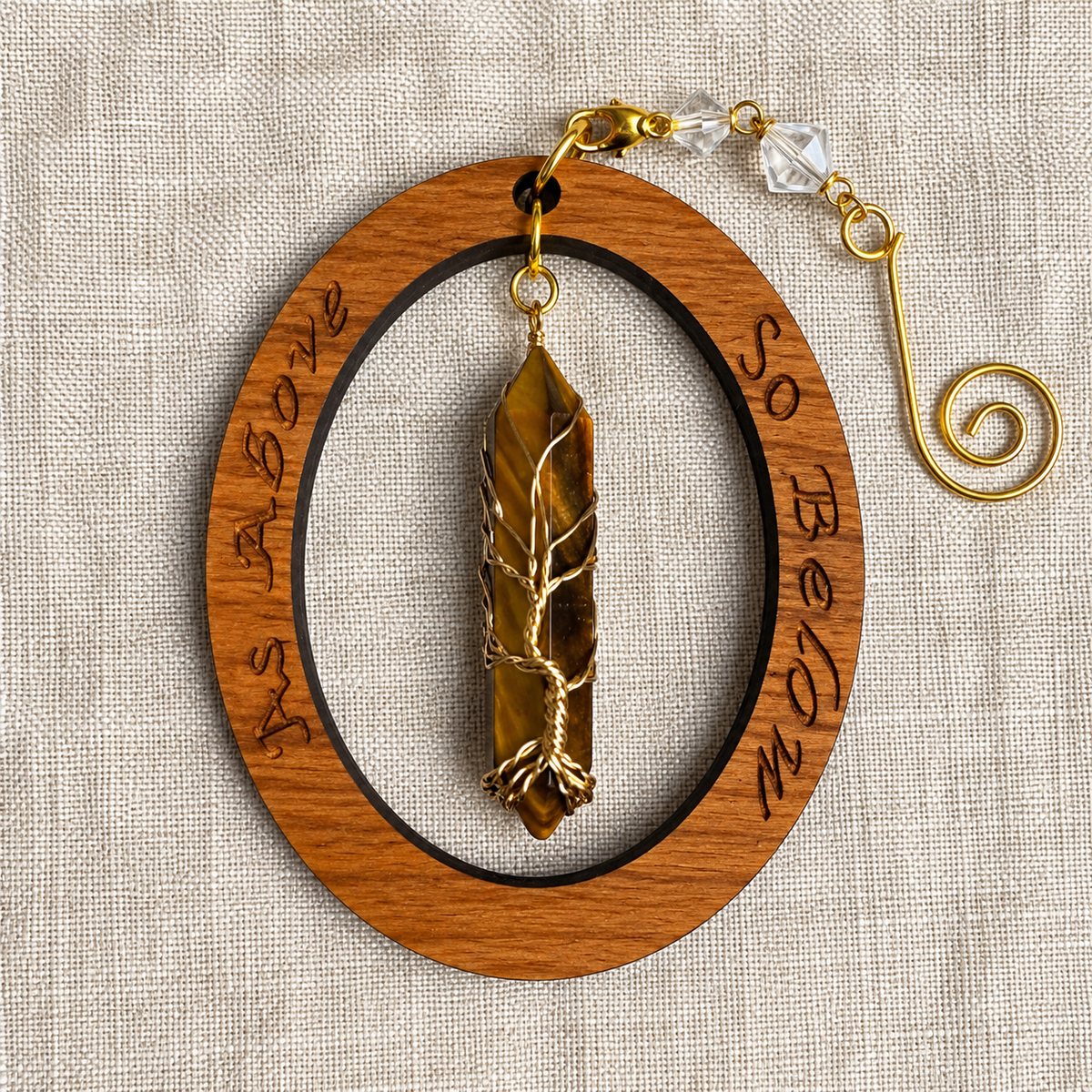 Tree of Life Crystal Point Ornaments | Engraved Cherry Wood