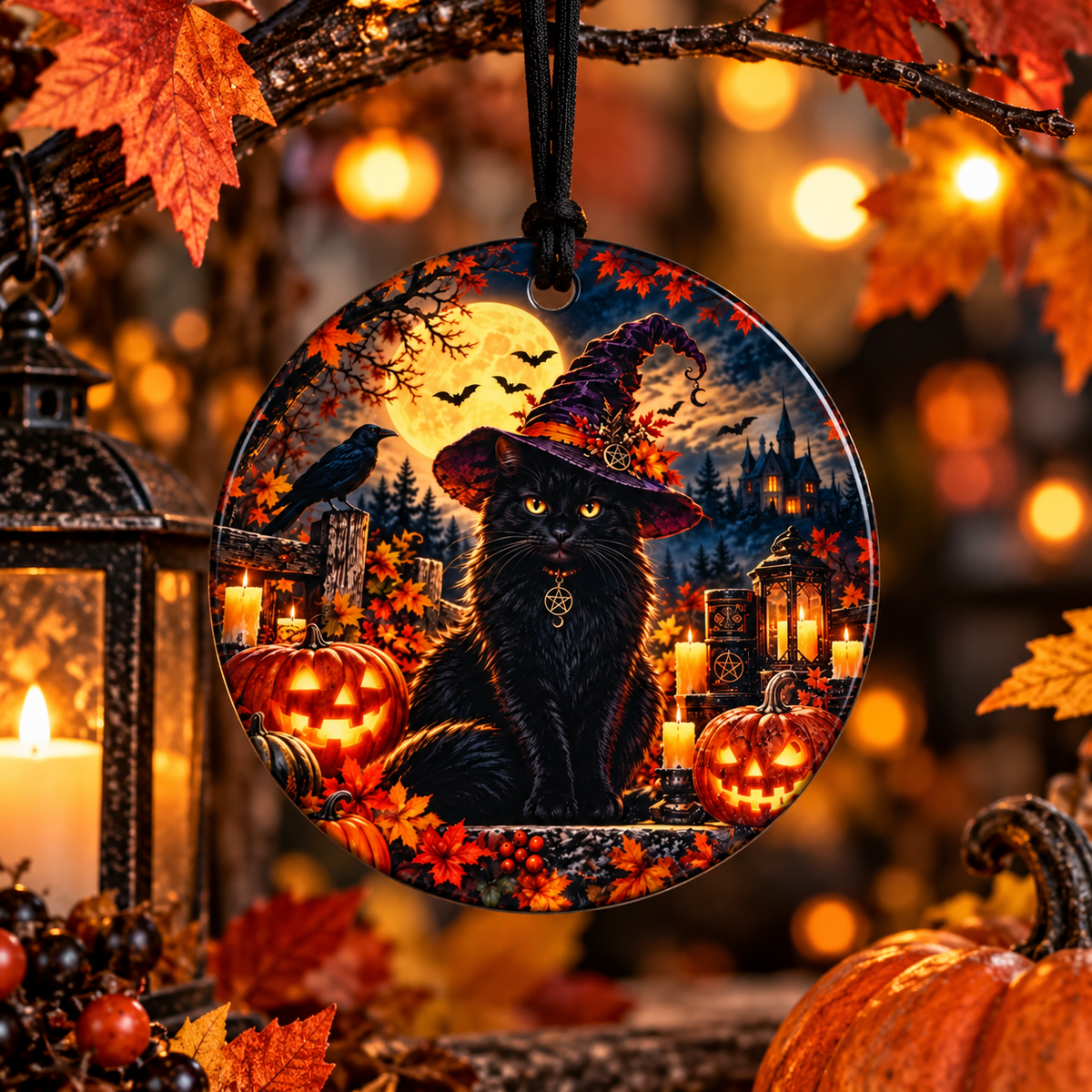Black Cat Witchy Halloween Ceramic Ornament | Moonlit Magic