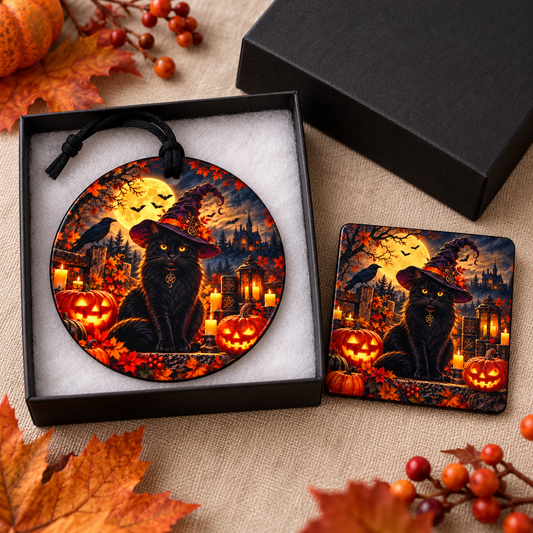 Black Cat Witchy Halloween Gift Set | Ceramic Ornament & Magnet