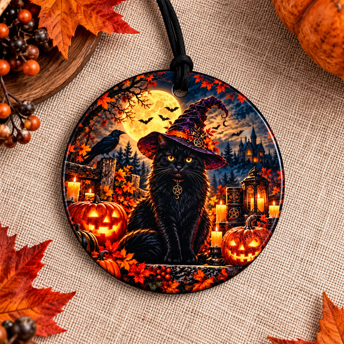 Black Cat Witchy Halloween Gift Set | Ceramic Ornament & Magnet