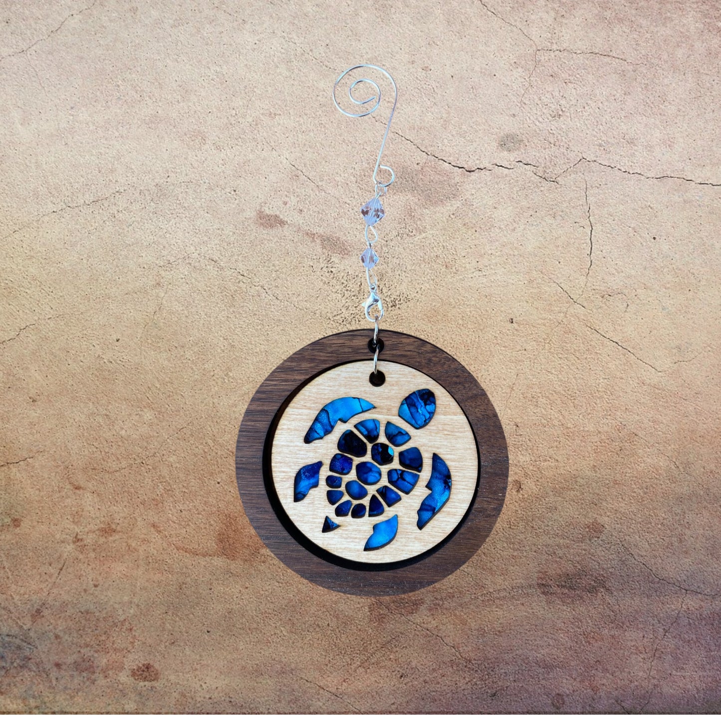 Blue Sea Turtle Ornament with Walnut Frame