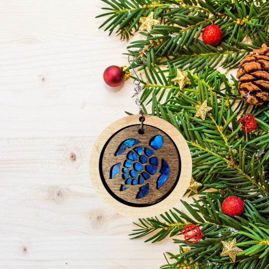 Blue Sea Turtle Ornament with Maple Frame