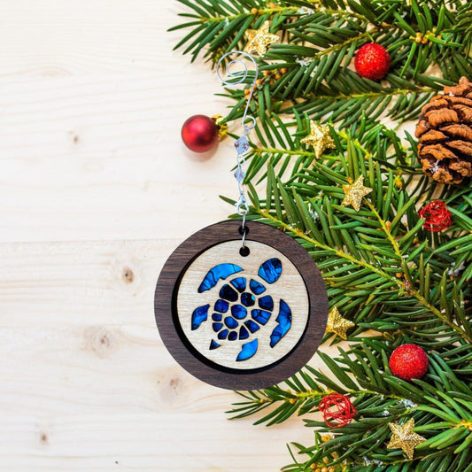 Blue Sea Turtle Ornament with Walnut Frame