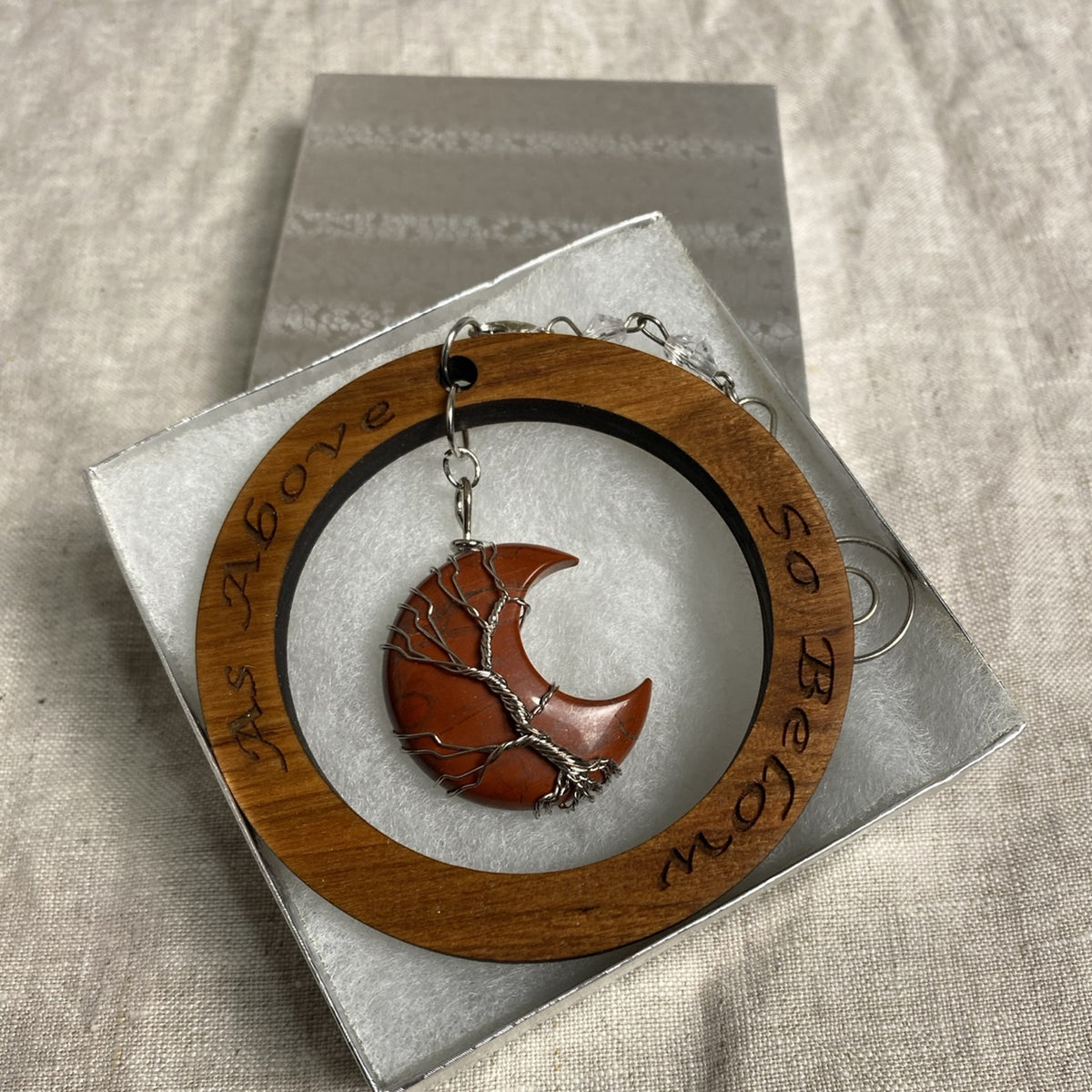 Crescent Moon Crystal Tree of Life Ornament | Cherry Wood