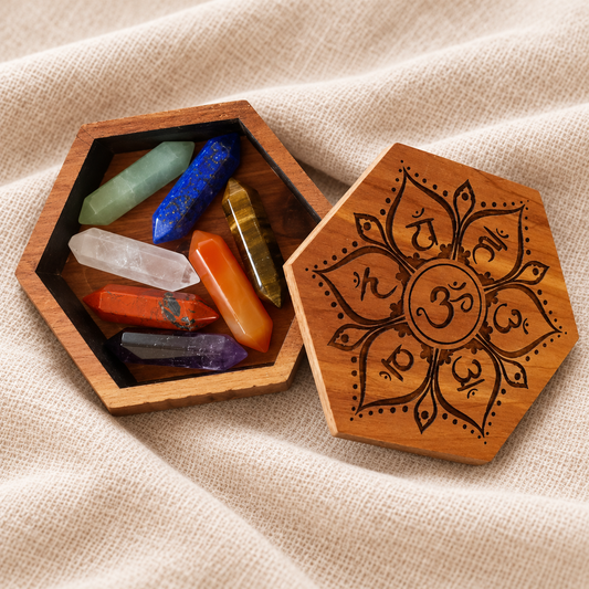 Hexagonal wooden box with a matching lid engraved with an Om symbol and floral motif, shown open on a beige fabric background with colorful raw crystal points inside.
