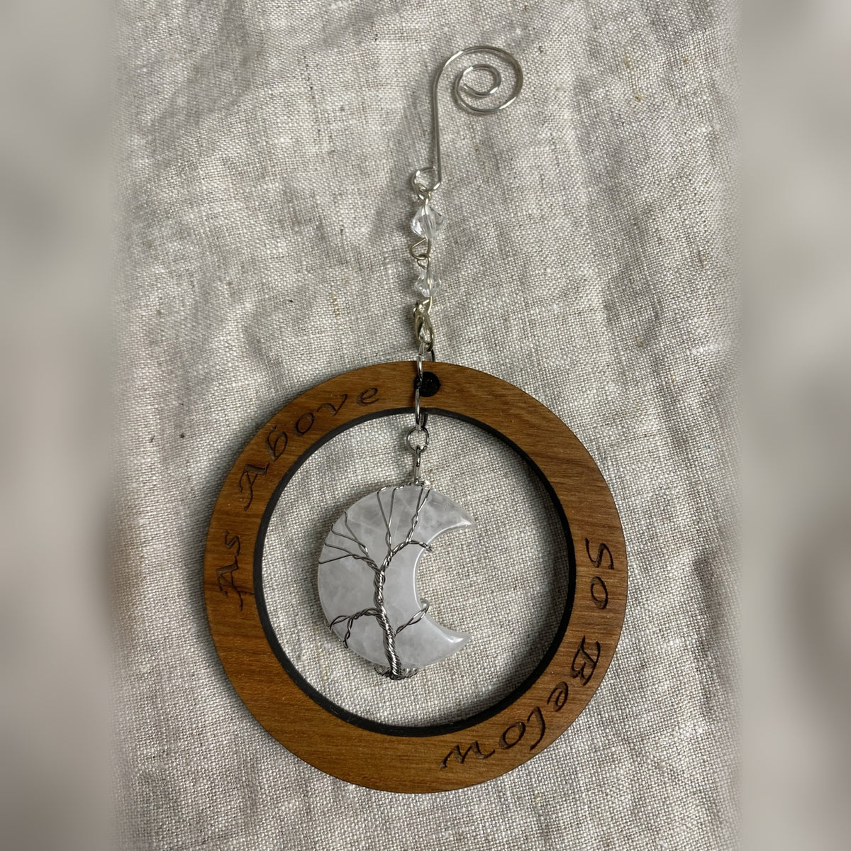 Crescent Moon Crystal Tree of Life Ornament | Cherry Wood