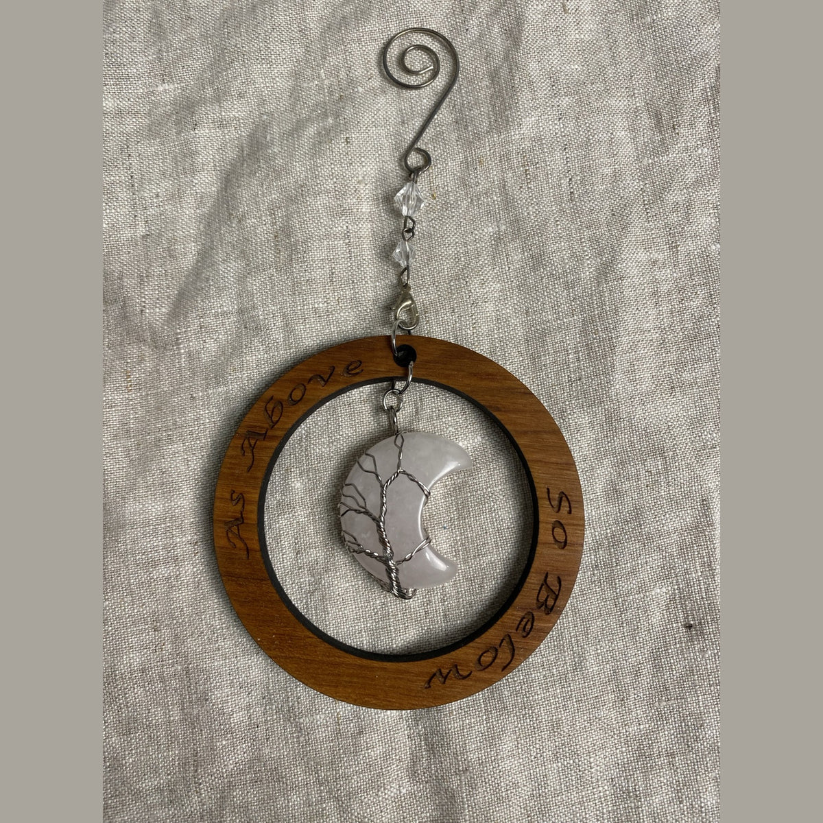 Crescent Moon Crystal Tree of Life Ornament | Cherry Wood