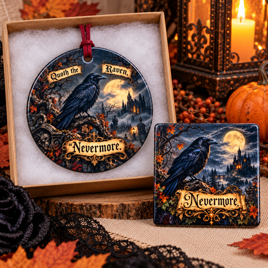 Nevermore Raven Gothic Gift Set | Edgar Allan Poe Ceramic Ornament & Magnet