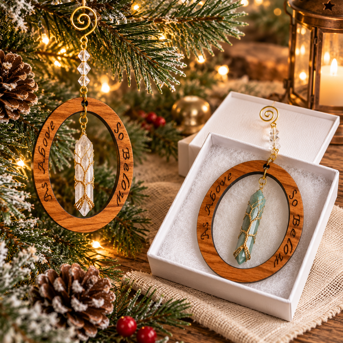 Tree of Life Crystal Point Ornaments | Engraved Cherry Wood
