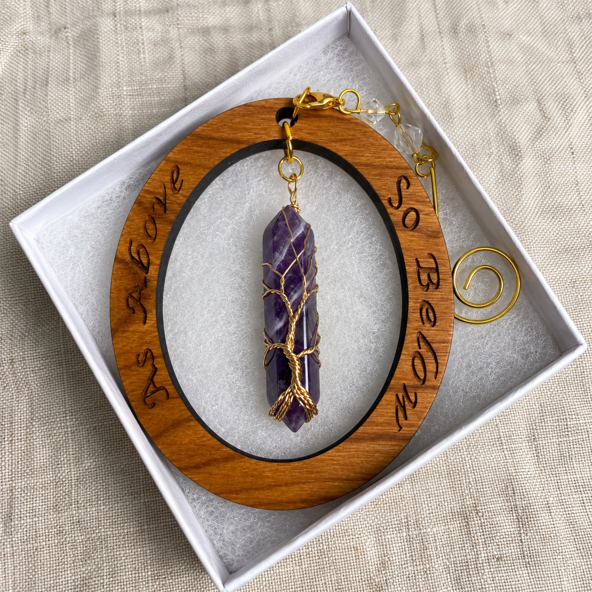 Tree of Life Crystal Point Ornaments | Engraved Cherry Wood