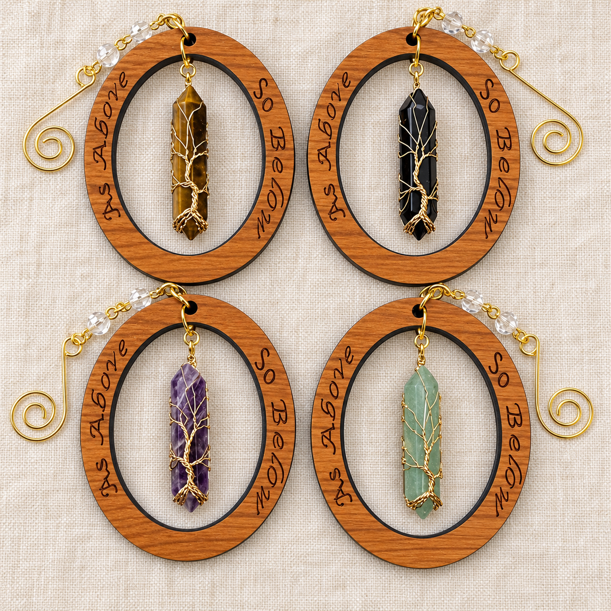 Tree of Life Crystal Point Ornaments | Engraved Cherry Wood
