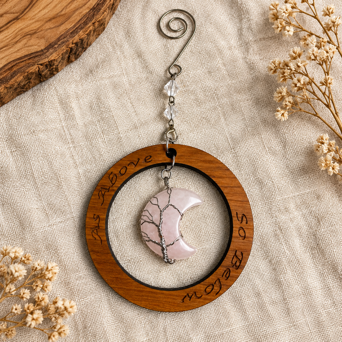 Crescent Moon Crystal Tree of Life Ornament | Cherry Wood
