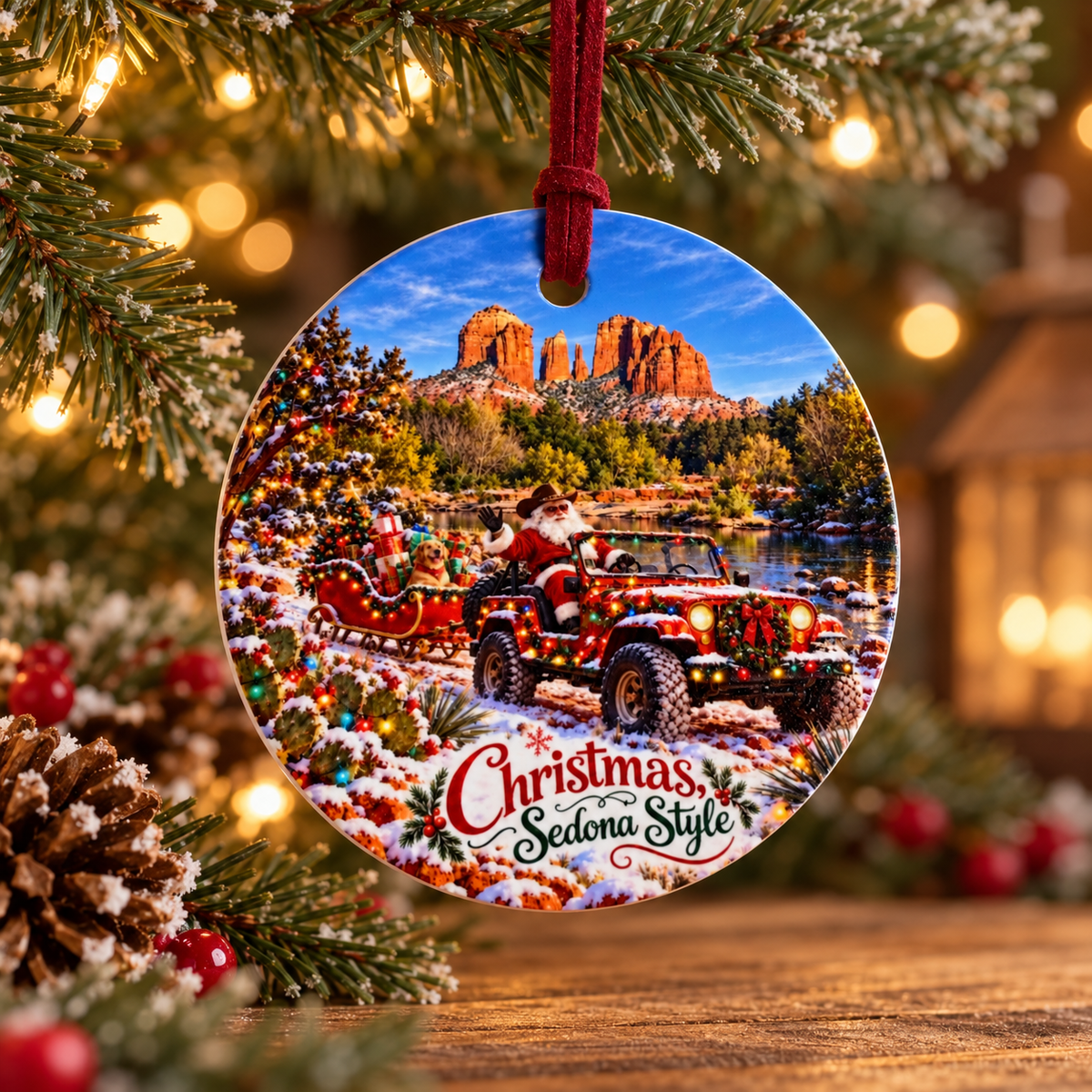 Sedona Christmas ornament with Santa in festive off-road vehicle hanging on Christmas tree