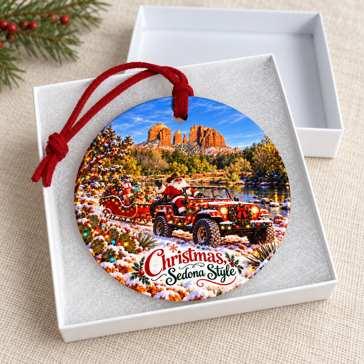 Christmas Sedona Style ceramic ornament with burgundy hanger in white gift box