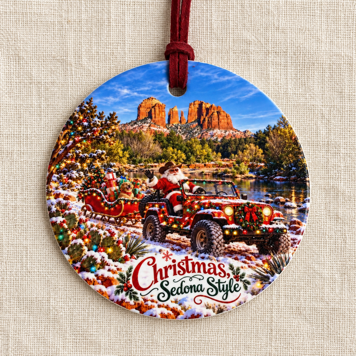Christmas Sedona Style ceramic ornament featuring cowboy Santa and Cathedral Rock