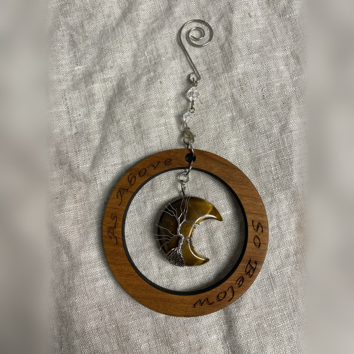 Crescent Moon Crystal Tree of Life Ornament | Cherry Wood